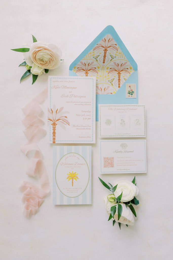 Boca Grande wedding invitation and bridal details flatlay photo