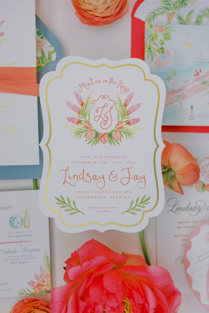 Wedding invitation photo flatlay at Islamorada wedding